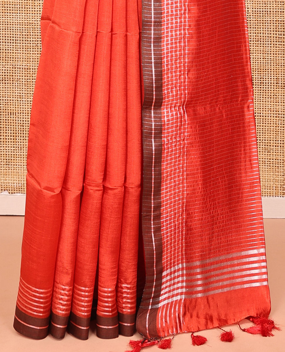 Orange Plain Banana Pith Saree, Contrast Subtly Striped Border, Pallu Steeped with Stripes, and Paired with a Matching Blouse