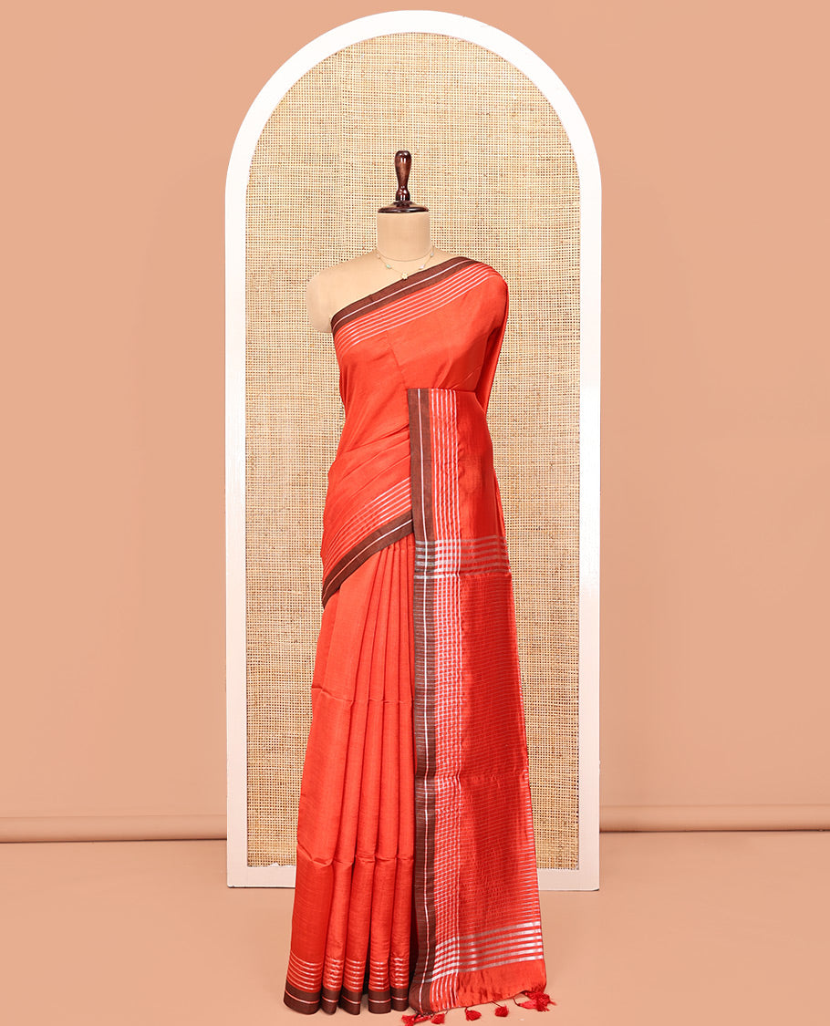 Orange Plain Banana Pith Saree, Contrast Subtly Striped Border, Pallu Steeped with Stripes, and Paired with a Matching Blouse