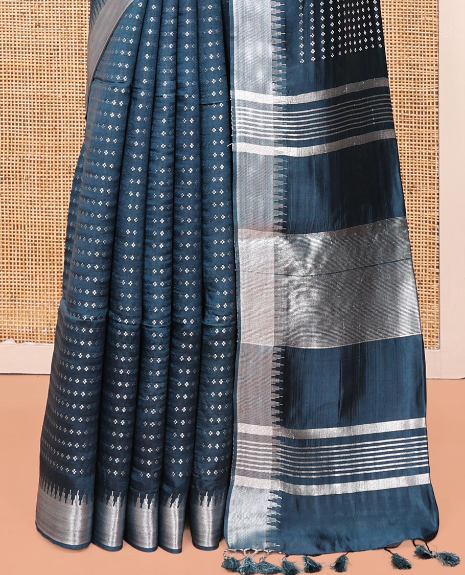 Blue Banana Pith Saree, Steeped with Buttas All Over Its Body, Highlighted by Temple Zari Border, Pallu of Gleaming Zari Stripes, and Paired with a Matching Blouse