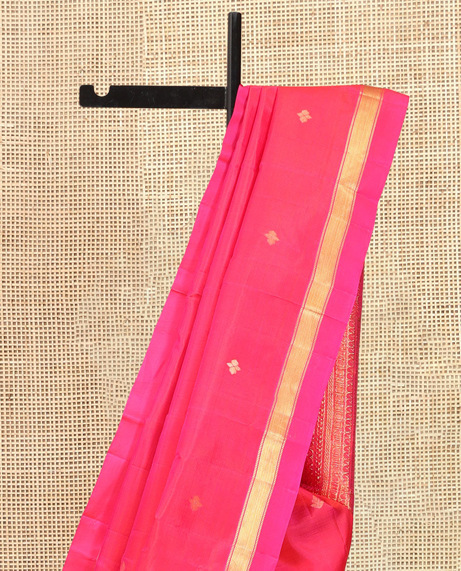 Pink Vasundhara Silk Saree, Subtly Sparkled with Zari Buttas, a Kal Eragina Border of Muthu Designs, Geometric Patterned Pallu, and a Matching Blouse