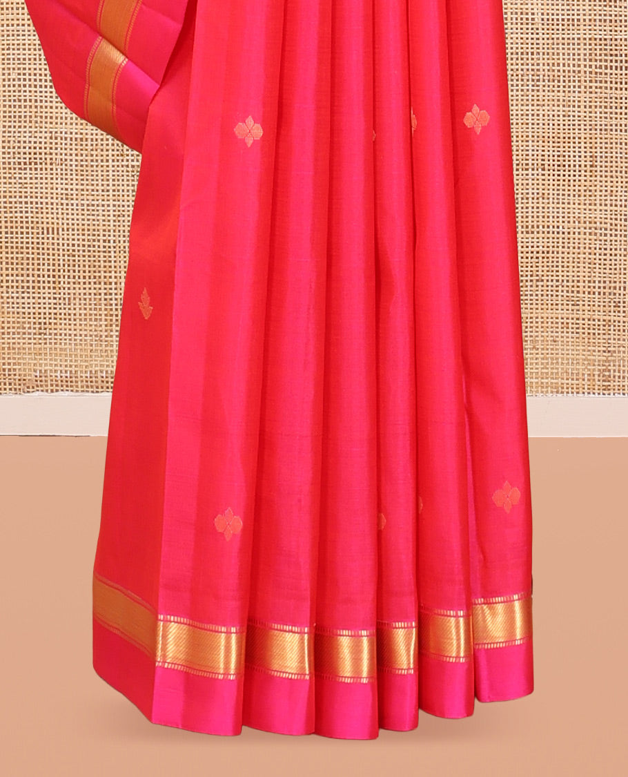 Pink Vasundhara Silk Saree, Subtly Sparkled with Zari Buttas, a Kal Eragina Border of Muthu Designs, Geometric Patterned Pallu, and a Matching Blouse