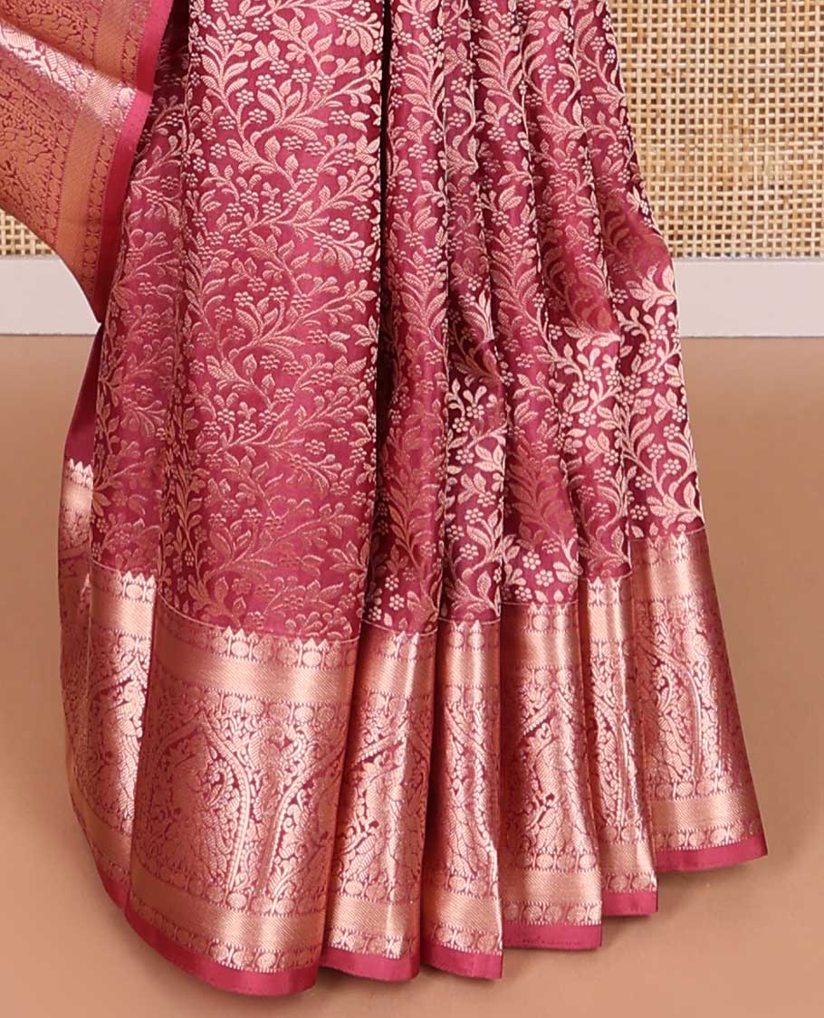 Red jacquard kancheepuram silk saree with self border of rekku, banaras, paun, muthu design & zari design pallu