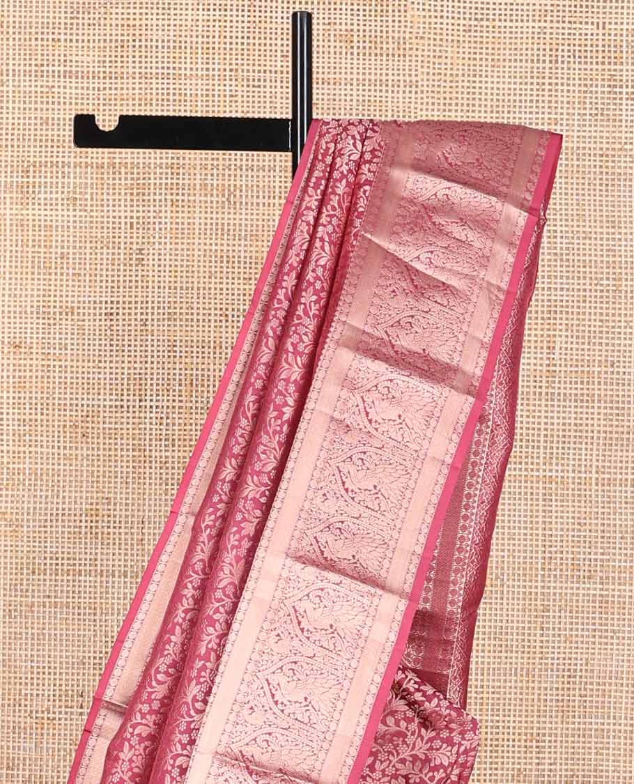 Red jacquard kancheepuram silk saree with self border of rekku, banaras, paun, muthu design & zari design pallu
