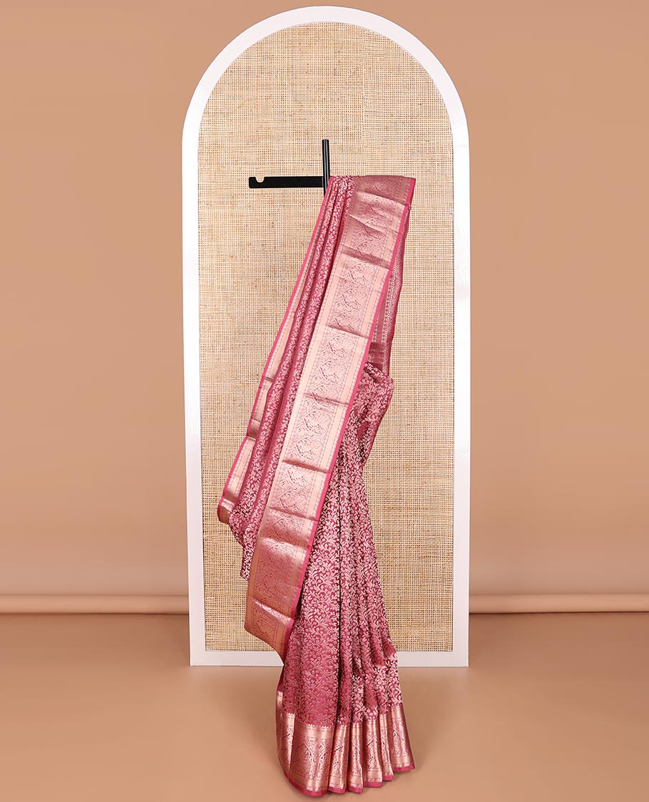 Red jacquard kancheepuram silk saree with self border of rekku, banaras, paun, muthu design & zari design pallu