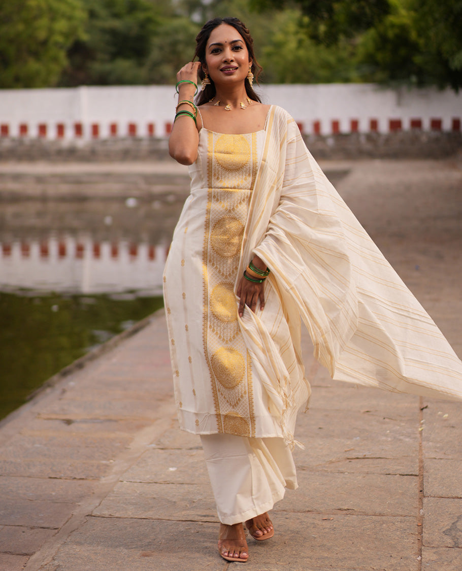 Cream Kerala Cotton Material Chudidar Features Zari Design Top, Matching Bottom, Striped Dupatta