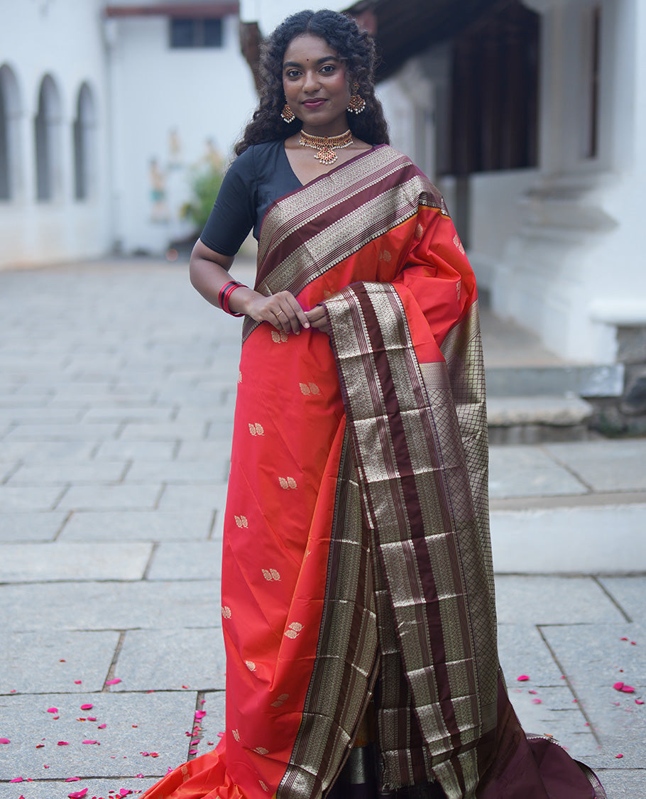 Orange-Brown Budget Silk Saree, Enriched with Leaf Zari Buttas, Contrast Rettai Pettu Traditional Zari Design Border, Grand Jaal Pallu, and Contrast Blouse