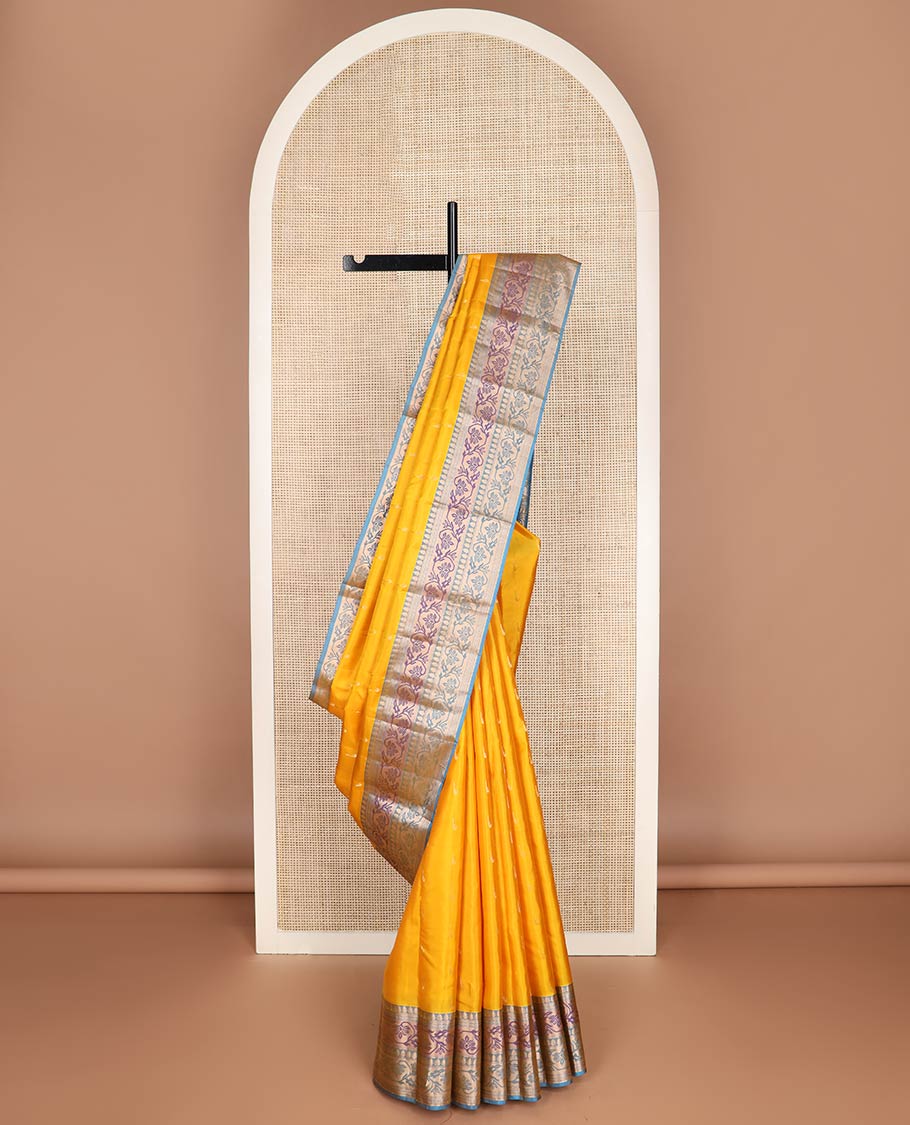 Yellow muniya buttas silk saree, contrast border & pallu of paithani-style meenakari floral & paisley motifs weave