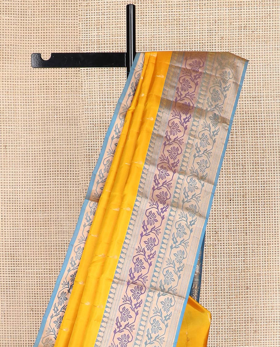 Yellow muniya buttas silk saree, contrast border & pallu of paithani-style meenakari floral & paisley motifs weave