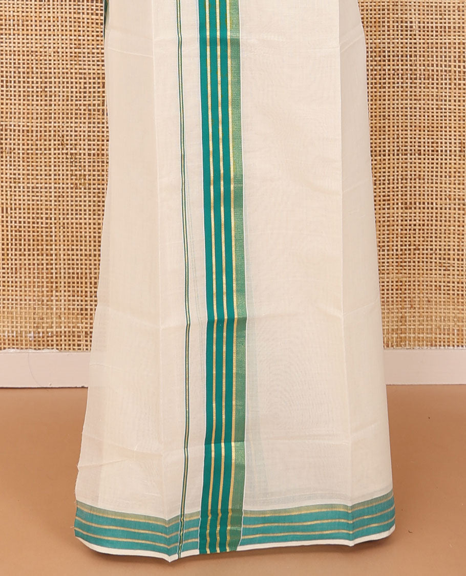 Cream plain Kerala mundu set with contrast striped border