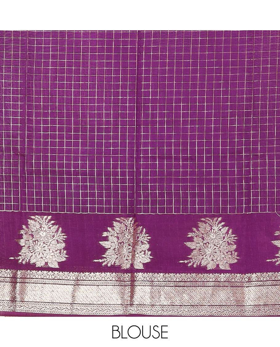 Grey Assam Silk Saree Beautifully Bedecked with Zari Checks, Complemented by Contrast Traditional Zari Border of Floral Designs, a Captivating Pallu of Zari Stripes, and Paired with a Contrast Blouse
