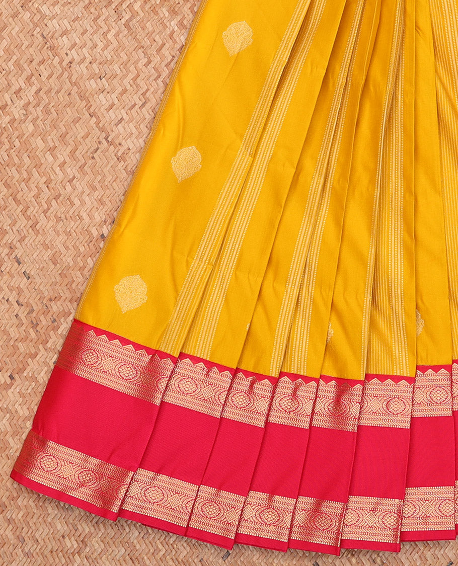 Yellow Budget Silk Saree, Sparsely Woven with Buttas and Stripes, Complemented by a Contrast Traditional Rettai Pettu Border, Jaal Pallu, and a Contrast Blouse