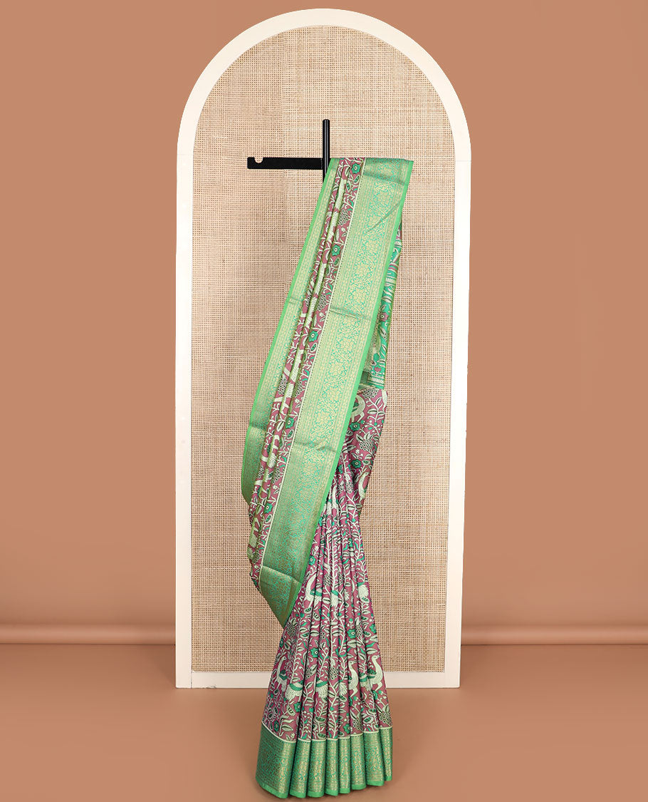 Rosewood pink flora and fauna motifs patola silk saree, contrast floral design zari border, and pallu of floral and bird motifs