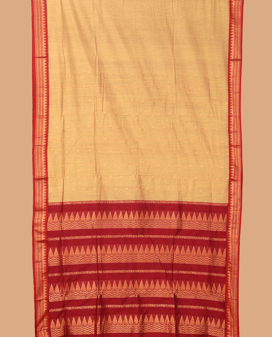 Sandal buttas nine-yard cotton saree, contrast traditional zari border, and pallu steeped with traditional designs