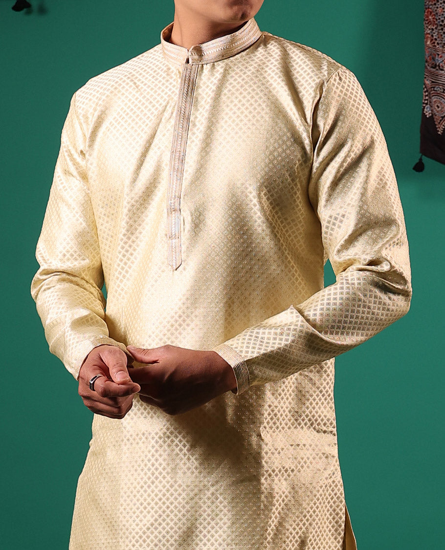 Ivory jaal pattern embossed full-sleeved men's kurta