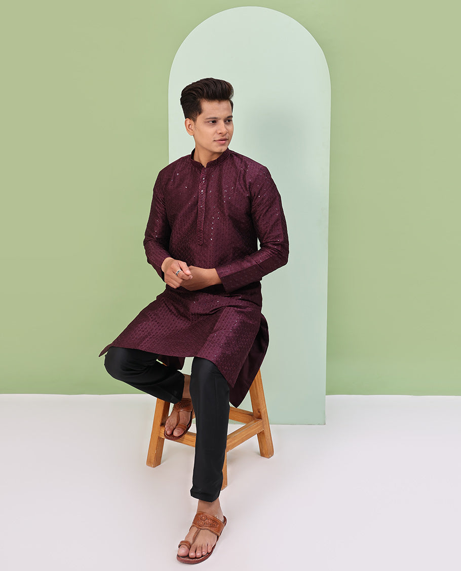Maroon argyle design sequins embroidered full-sleeve kurta set