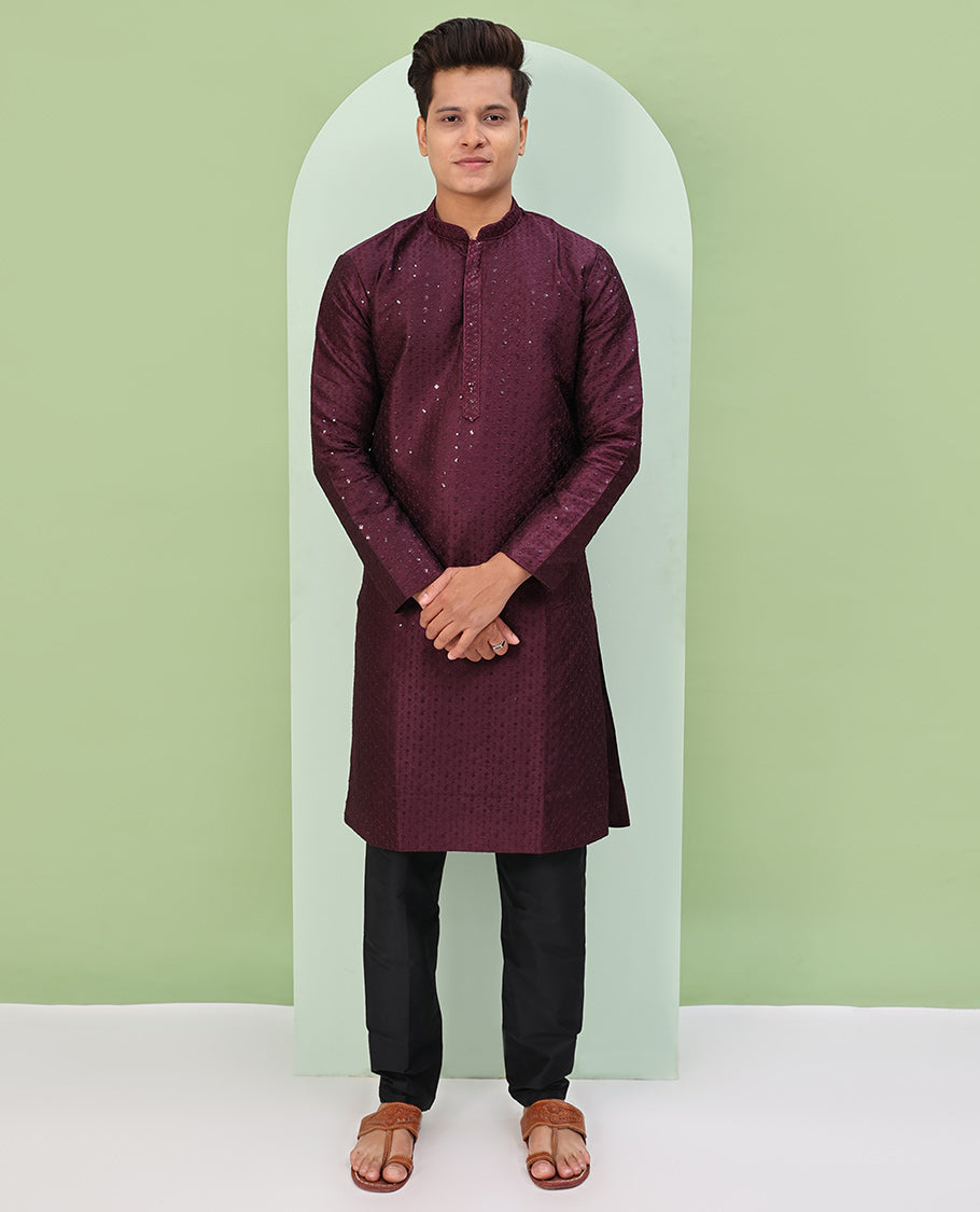 Maroon argyle design sequins embroidered full-sleeve kurta set