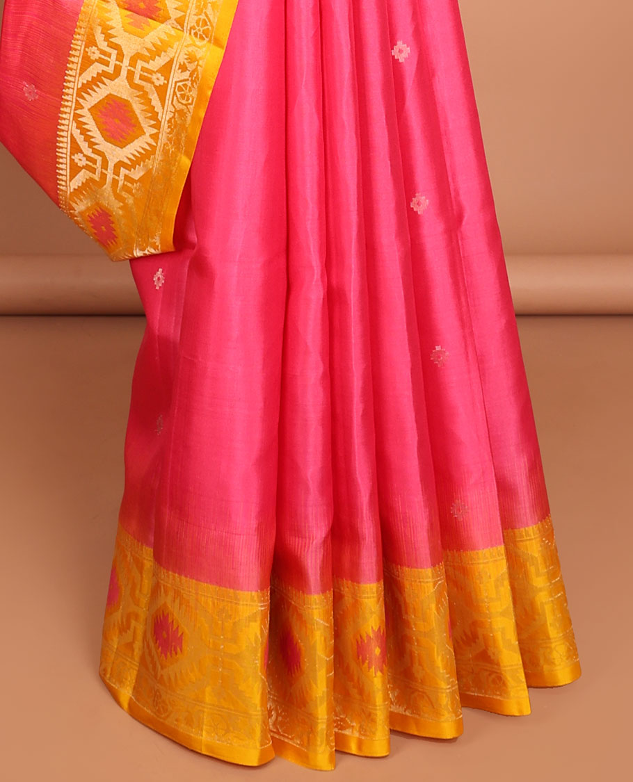 Pink floral buttas soft silk saree with contrast zari border & ogee design pallu