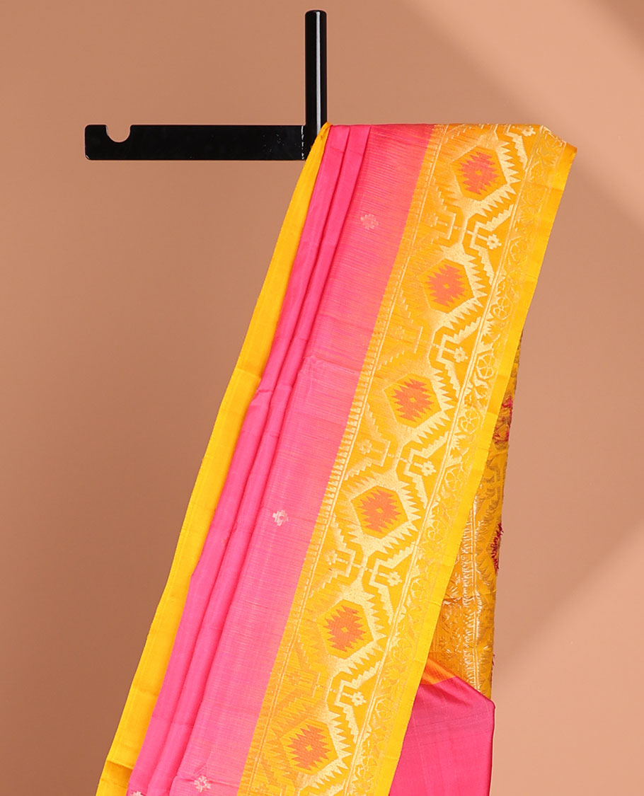 Pink floral buttas soft silk saree with contrast zari border & ogee design pallu