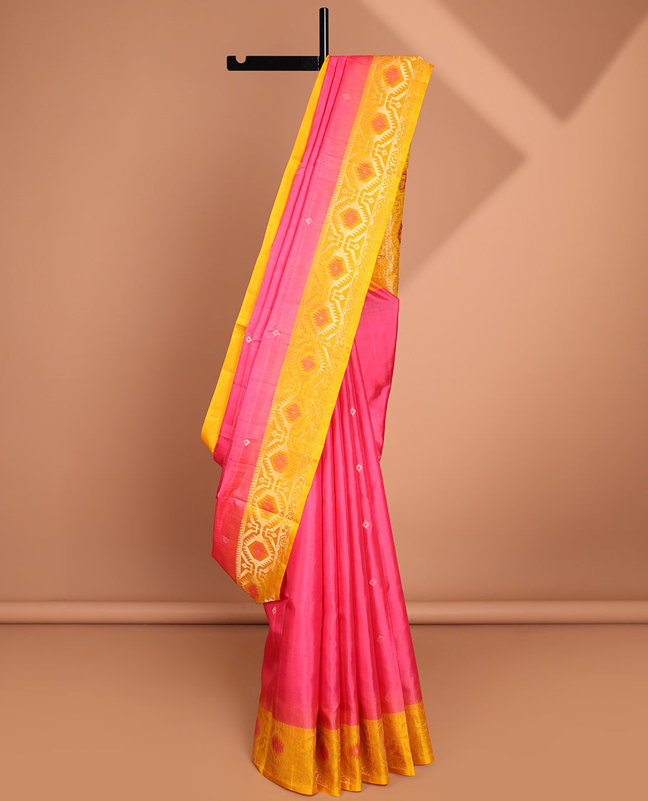Pink floral buttas soft silk saree with contrast zari border & ogee design pallu