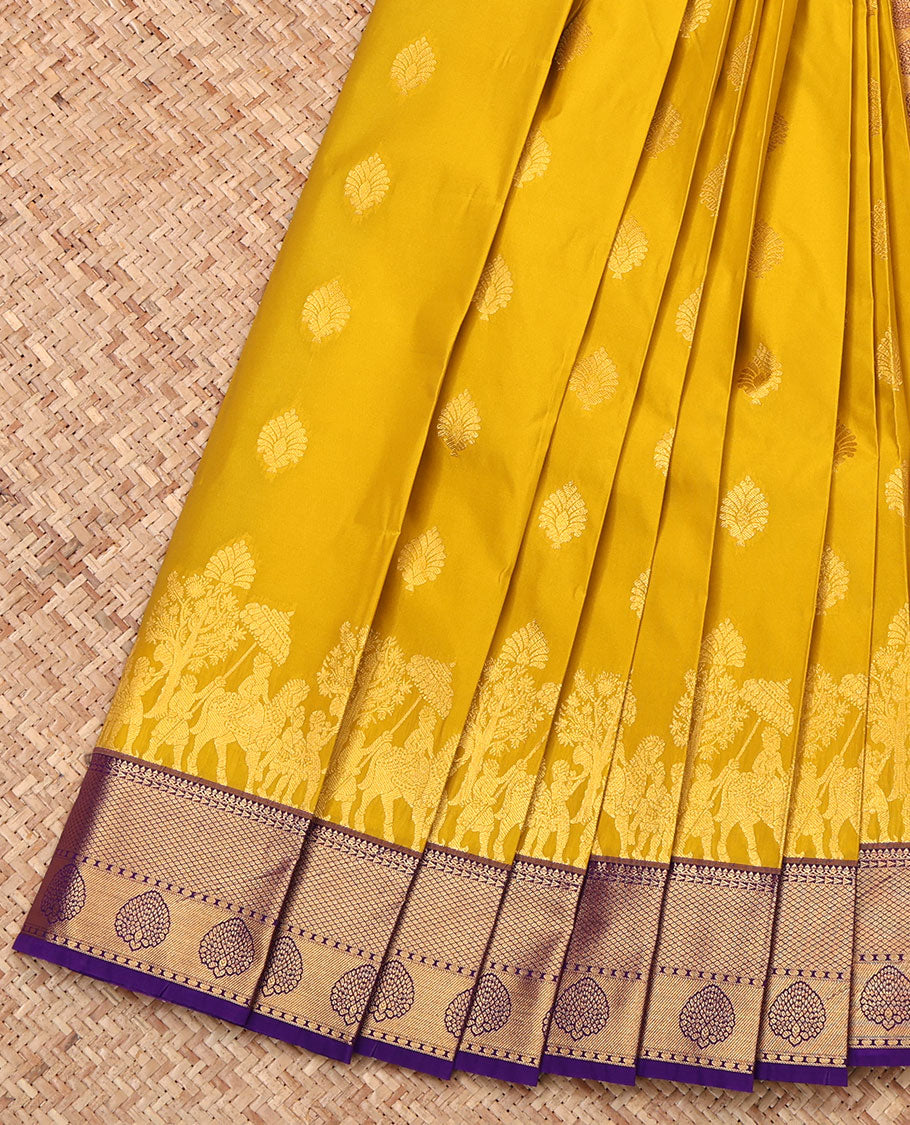 Yellow Budget Silk Saree, Sparsely Woven with Zari Buttas, Complemented by Contrast Traditional Zari Border, Grand Pallu, and a Contrast Blouse