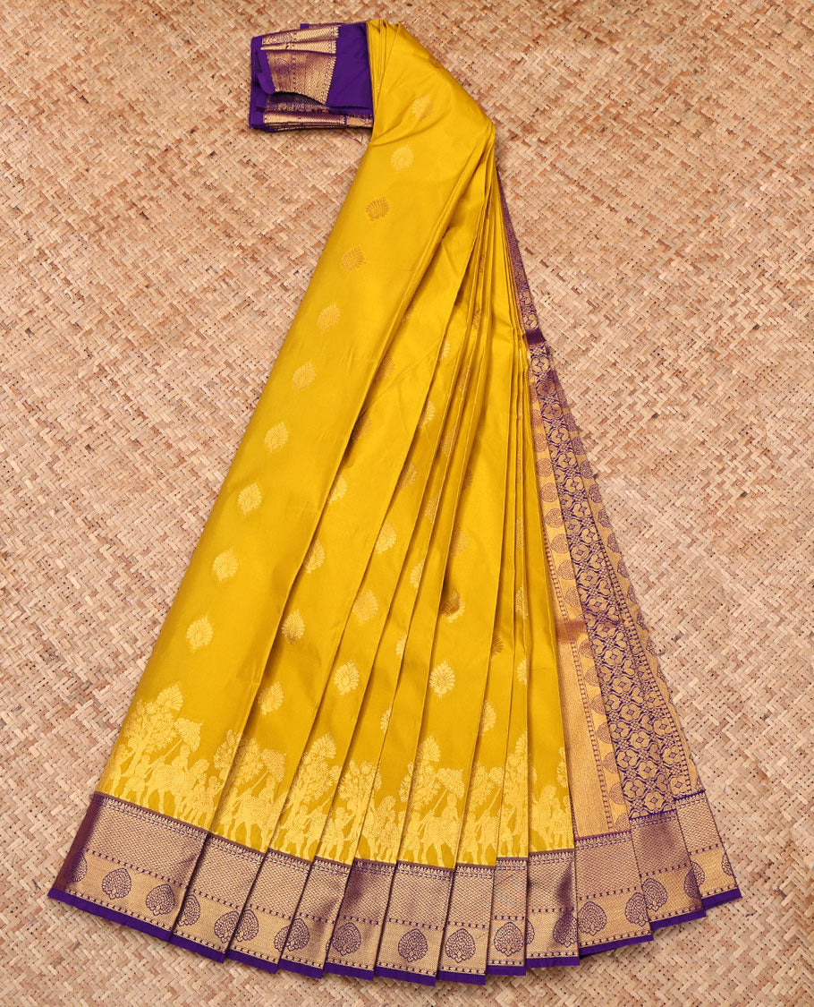 Yellow Budget Silk Saree, Sparsely Woven with Zari Buttas, Complemented by Contrast Traditional Zari Border, Grand Pallu, and a Contrast Blouse