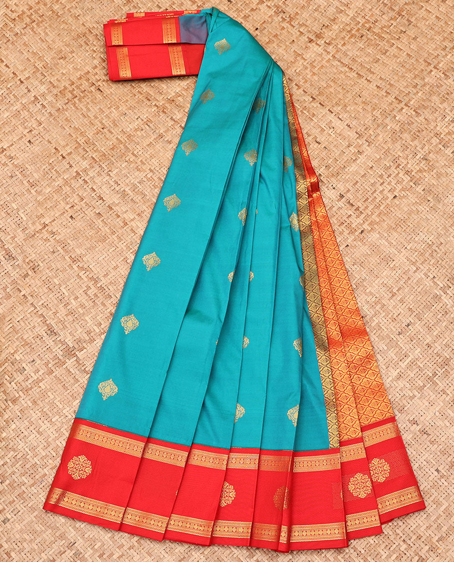 Blue Budget Silk Saree, Embellished with Zari Buttas, Complemented by a Contrast Traditional Zari Design Border, Grand Jaal Design Pallu, and Paired with a Contrast Blouse
