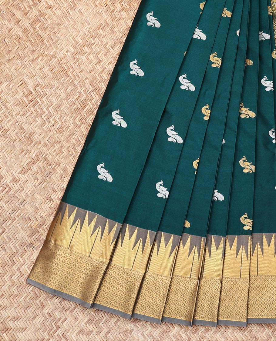 Green Budget Silk Saree, Adorned with Peacock Buttas, Contrast Traditional Zari Temple Border, Grand Pallu, and a Contrast Blouse