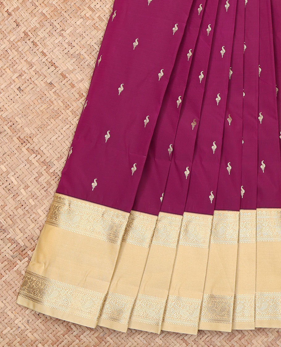 Wine Budget Silk Saree, Prettified with Buttas All Over Its Body, Complemented by a Contrast Traditional Zari Design Rettai Pettu Border of Peacocks, a Grand Pallu of Jaal Design, and Paired with a Contrast Blouse