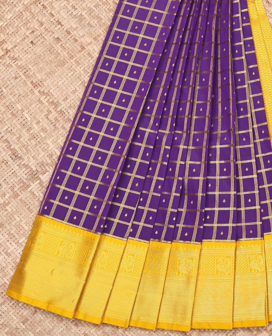 Violet Budget Silk Saree, Elegantly Framed with Zari Butta Enclosed Checks on Its Body, Complemented by a Contrast Traditional Zari Border, Sparsely Woven Pallu, and Paired with a Contrast Blouse
