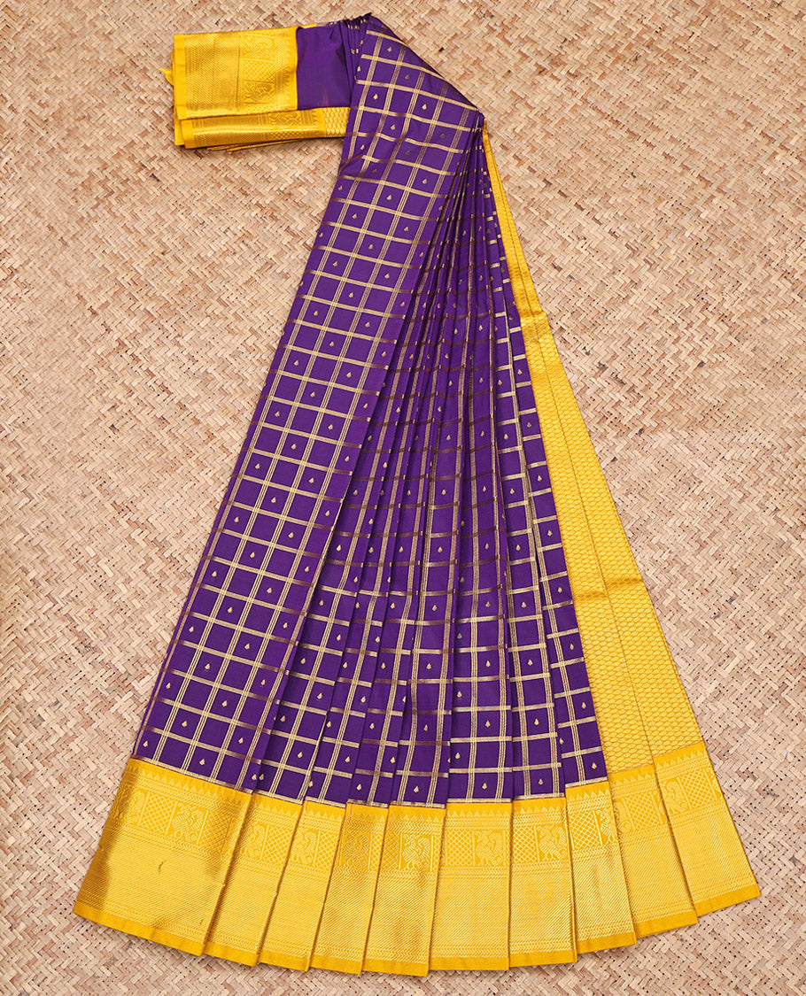Violet Budget Silk Saree, Elegantly Framed with Zari Butta Enclosed Checks on Its Body, Complemented by a Contrast Traditional Zari Border, Sparsely Woven Pallu, and Paired with a Contrast Blouse