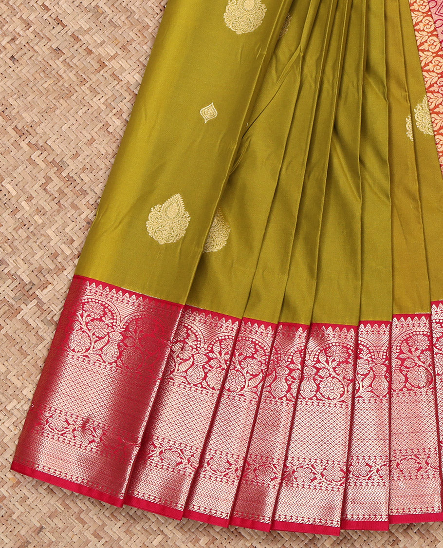 Green Budget Silk Saree, Elevated with Zari Buttas on Its Body, Complemented by a Contrast Traditional Zari Design Border, Grand Pallu, and Paired with a Contrast Blouse
