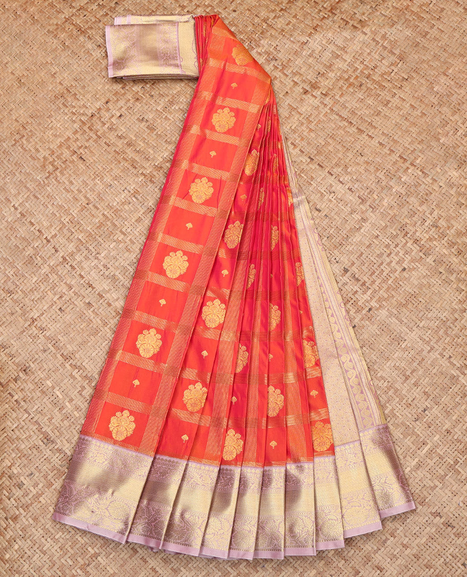 Orange Budget Silk Saree, Impeccably Styled with Zari Buttas and Checks, Captivating Contrast Traditional Zari Design Border, Grand Pallu, and a Contrast Blouse