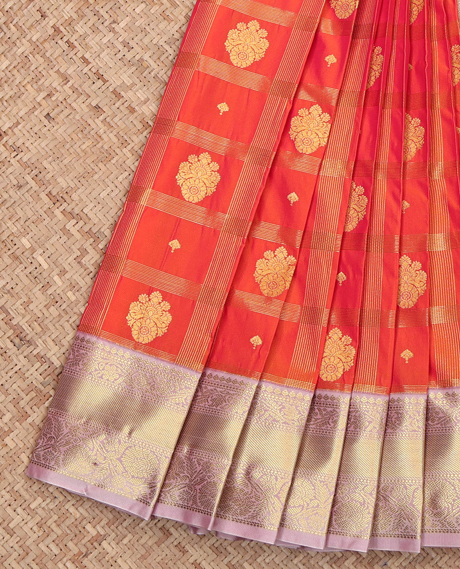 Orange Budget Silk Saree, Impeccably Styled with Zari Buttas and Checks, Captivating Contrast Traditional Zari Design Border, Grand Pallu, and a Contrast Blouse
