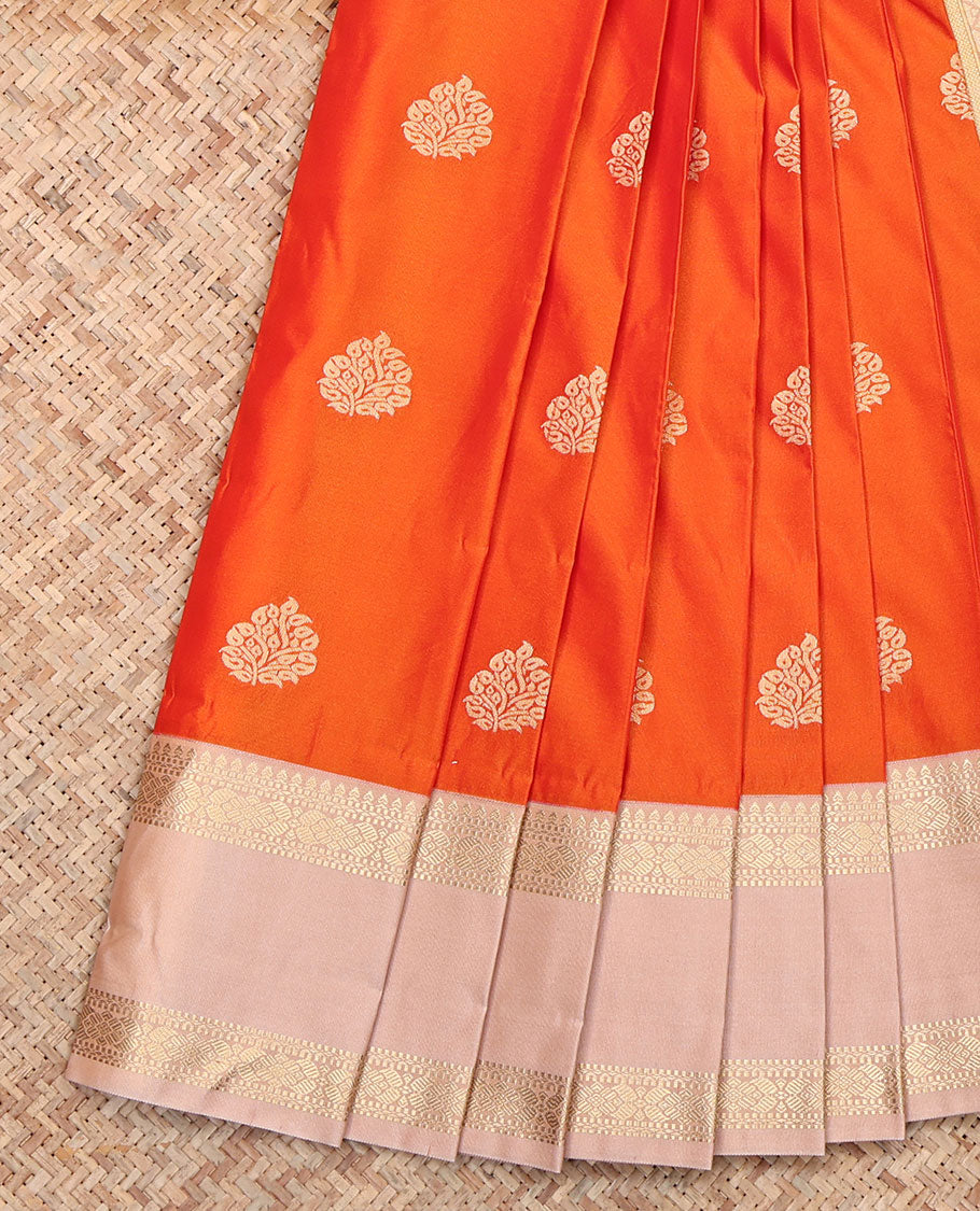 Orange Budget Silk Saree, Bedecked with Zari Buttas, Contrast Traditional Zari Rettai Pettu Border, Grand Jaal Pallu, and a Contrast Blouse