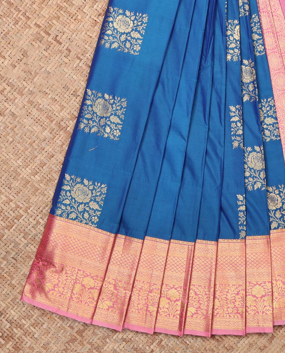 Blue Budget Silk Saree, Boldly Accentuated with Square Buttas, Complemented by Contrast Traditional Zari Border, Grand Pallu and a Contrast Blouse