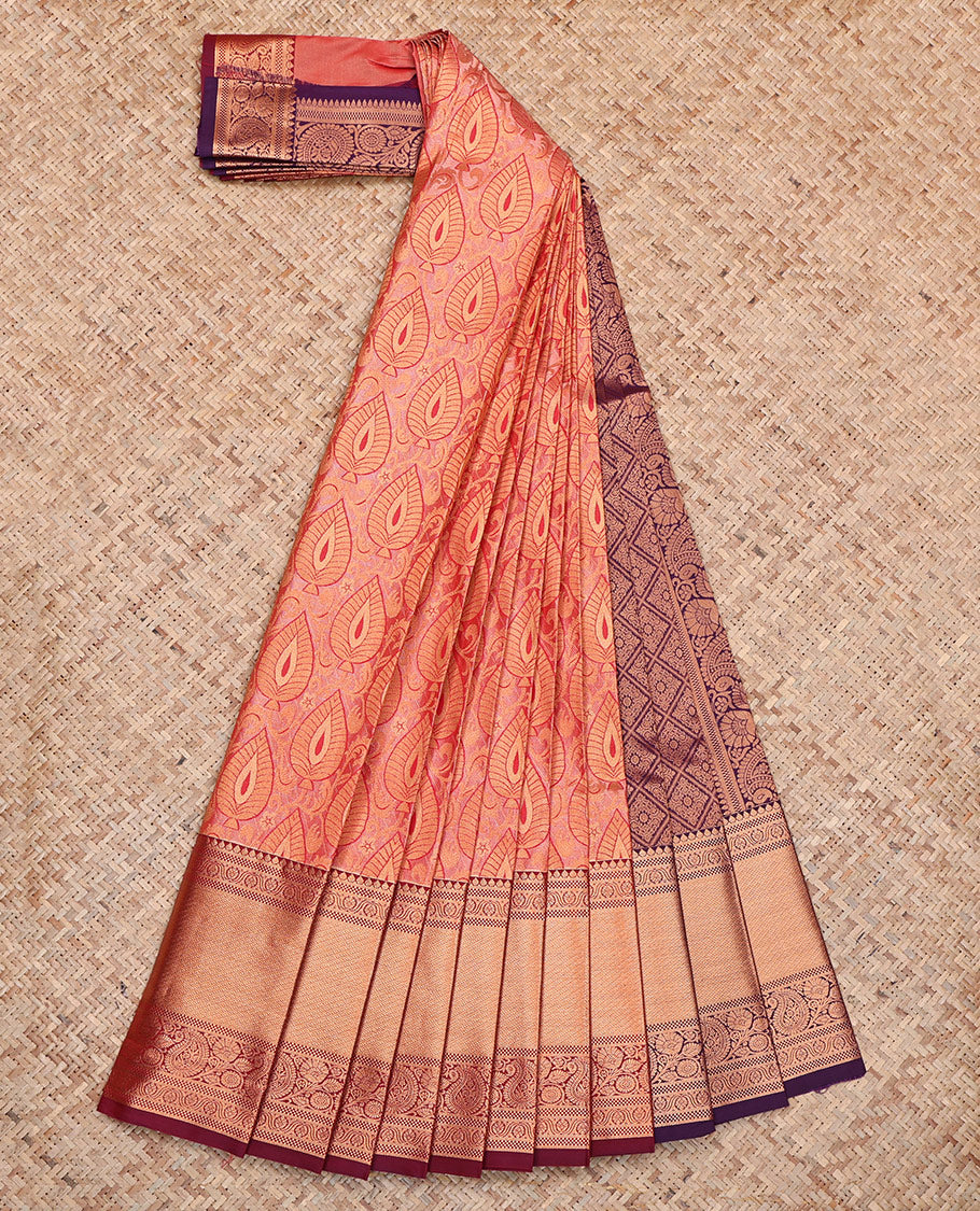 Orange Budget Silk Saree, Boldly Accentuated with Jacquard, Complemented by Contrast Traditional Zari Border, Grand Pallu, and a Contrast Blouse
