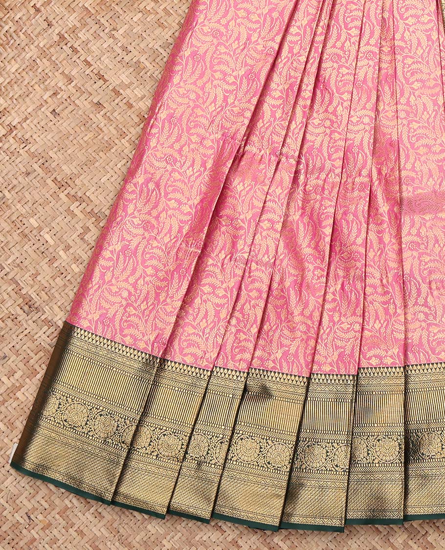 Pink Budget Silk Saree, Impeccably Styled with Floral Jacquard, Complemented by Contrast Traditional Zari Border, Jaal Pallu, and Contrast Blouse