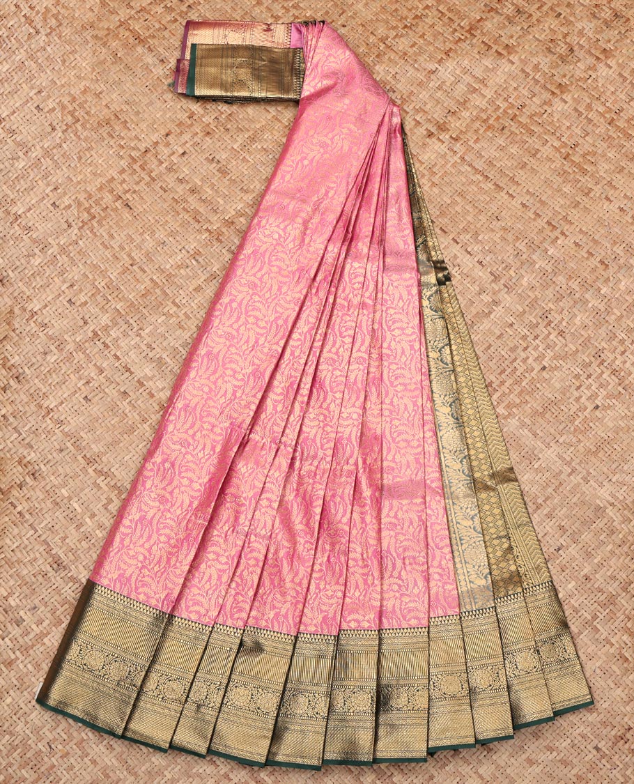 Pink Budget Silk Saree, Impeccably Styled with Floral Jacquard, Complemented by Contrast Traditional Zari Border, Jaal Pallu, and Contrast Blouse