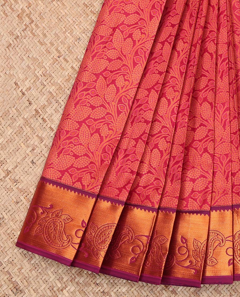 Magenta Budget Silk Saree, Detailed with a Floral Vine Design, Complemented by a Contrast Floral Creeper Zari Border, Grand Jaal Pallu, and a Contrast Blouse