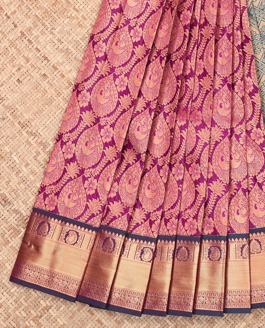 Purple Budget Silk Saree, Charmingly Accented with Jacquard Design, Complemented by a Contrast Traditional Zari Border, Jaal Pallu, and a Contrast Blouse