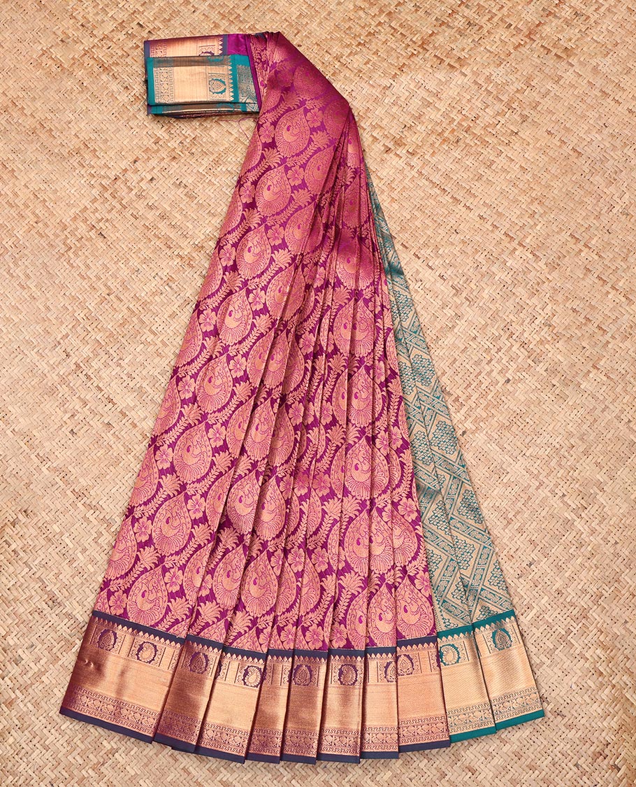 Purple Budget Silk Saree, Charmingly Accented with Jacquard Design, Complemented by a Contrast Traditional Zari Border, Jaal Pallu, and a Contrast Blouse