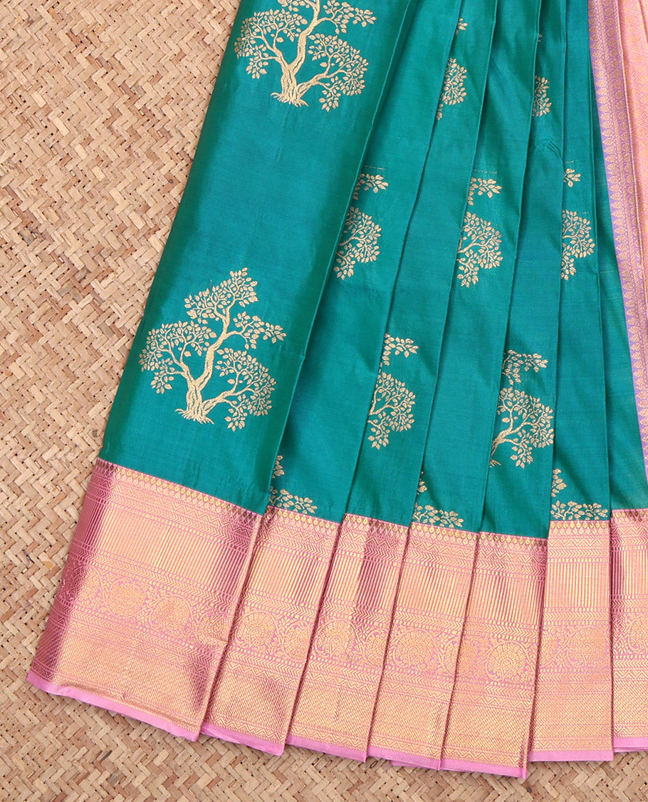 Rama Budget Silk Saree, Graced with Tree Zari Buttas, Complemented by a Contrast Traditional Border, Grand Pallu, and a Contrast Blouse