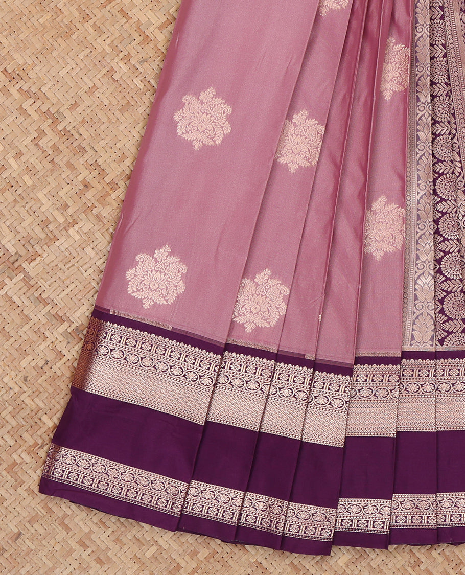 Pink Budget Silk Saree, Beautifully Bedecked with Zari Buttas, Complemented by a Contrast Traditional Zari Rettai Pettu Border, Grand Pallu, and a Contrast Blouse