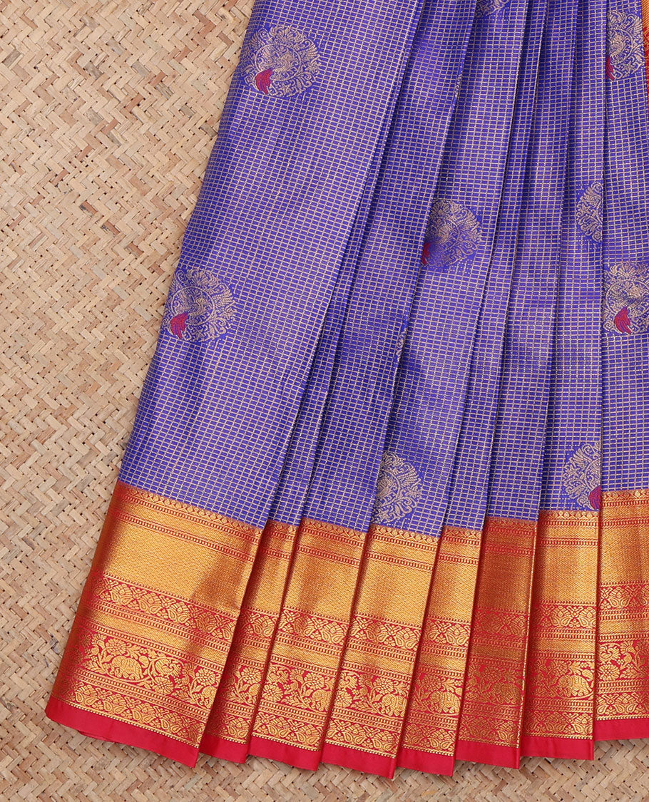Violet Budget Silk Saree, Spotlighted with Peacock Buttas and Checks, a Contrast Traditional Zari Border, an Intricate Pallu and a Contrast Blouse