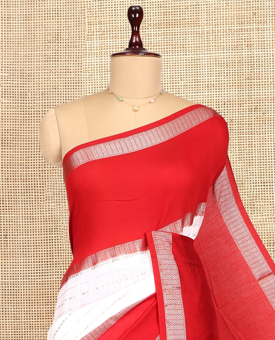 White Assam Silk Saree, Featuring Zari Stripes, Complemented by Contrast Big Zari Border, Zari Woven Pallu, and Contrast Blouse