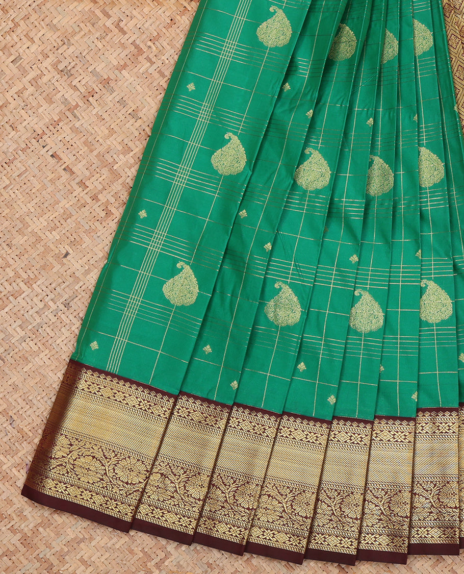 Green Budget Silk Saree, Elevated with Zari Buttas and Stripes, Complemented by a Contrast Traditional Zari Border, Grand Pallu, and Contrast Blouse