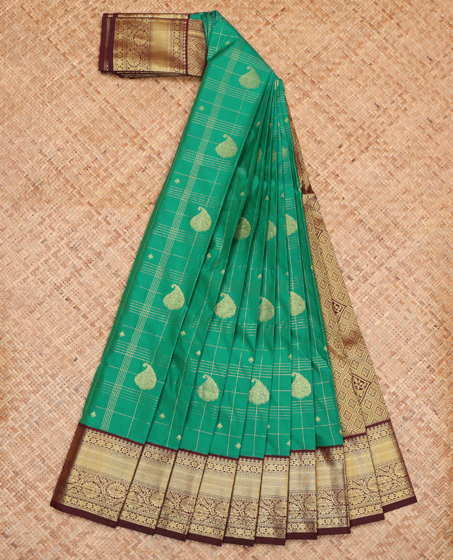 Green Budget Silk Saree, Elevated with Zari Buttas and Stripes, Complemented by a Contrast Traditional Zari Border, Grand Pallu, and Contrast Blouse