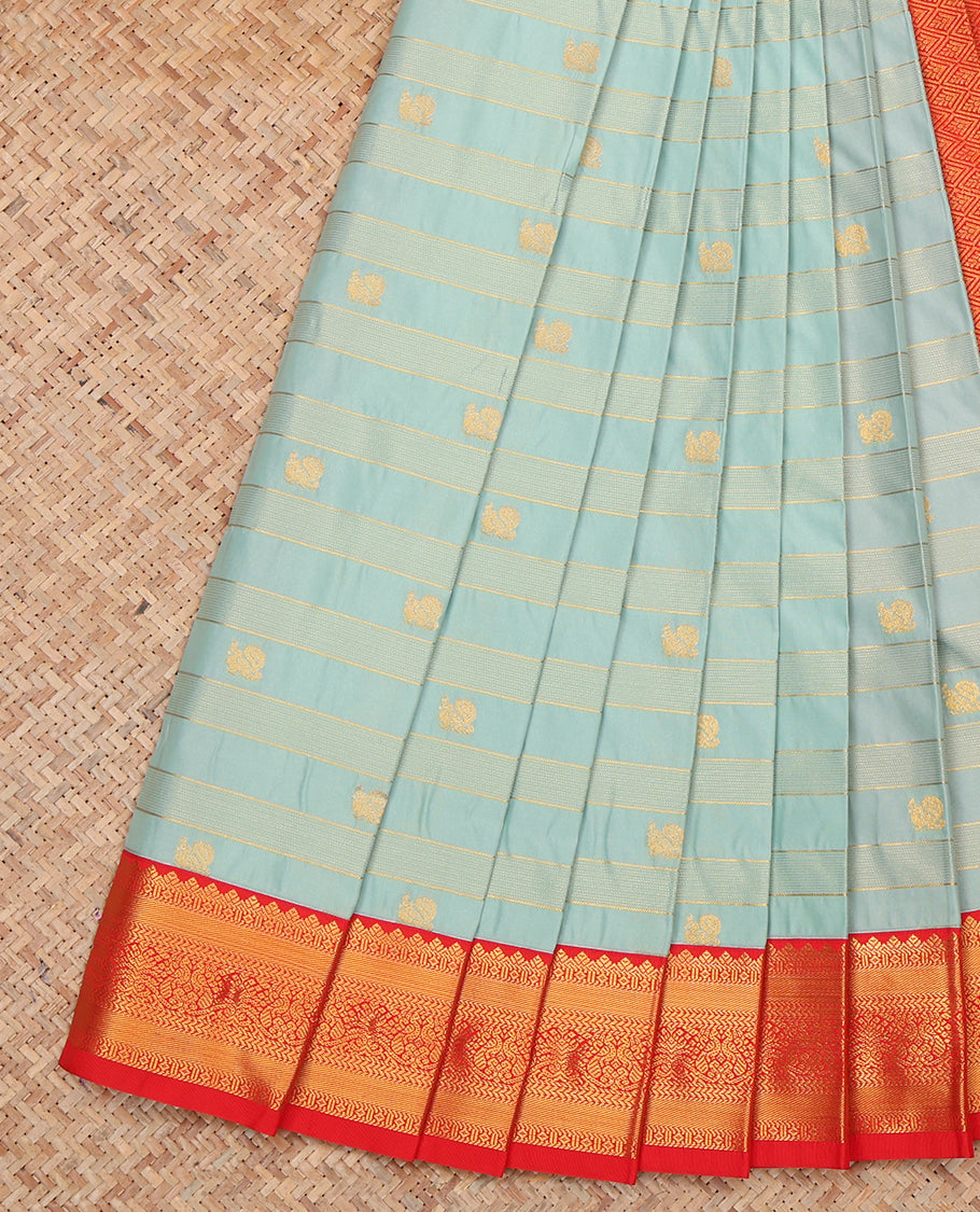 Blue Budget Silk Saree, Sparsely Woven with Zari Buttas and Stripes, a Contrast Traditional Zari Border, Grand Pallu, and a Contrast Blouse