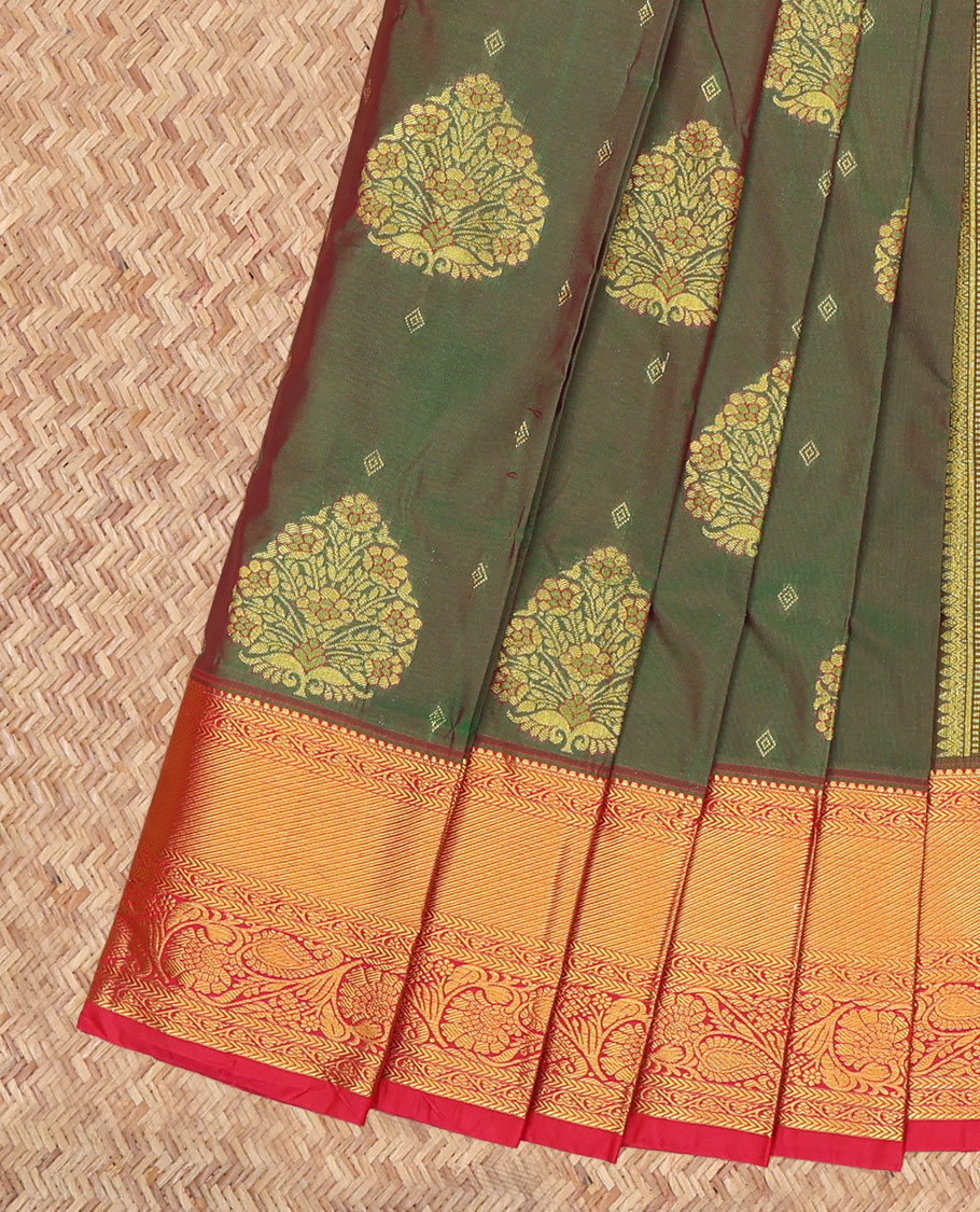 Green Budget Silk Saree, Highlighted by Zari Buttas, a Contrast Traditional Zari Border, Grand Jaal Pallu, and a Contrast Blouse