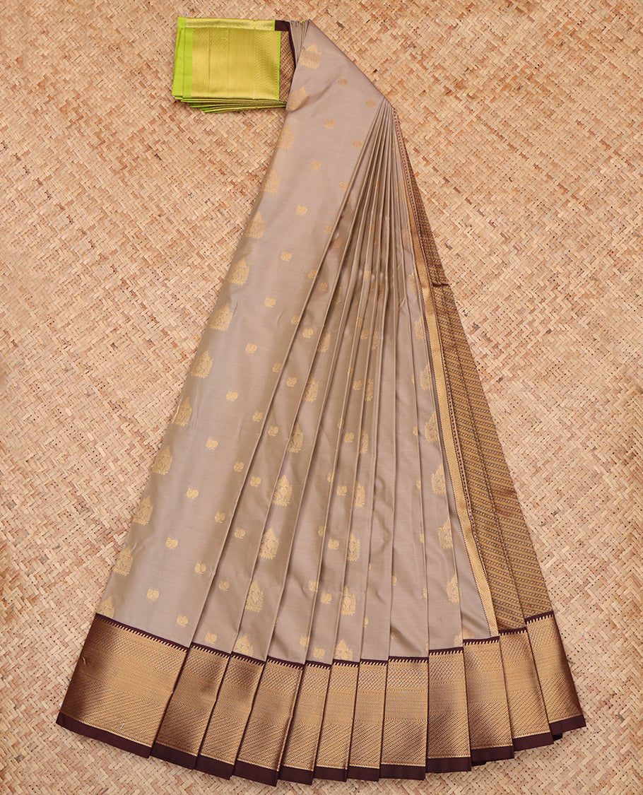 Pale Brown Budget Silk Saree, Subtly Sparkled with Zari Buttas, a Contrast Traditional Ganga-Jamuna Border, Intricate Pallu, and a Contrast Blouse